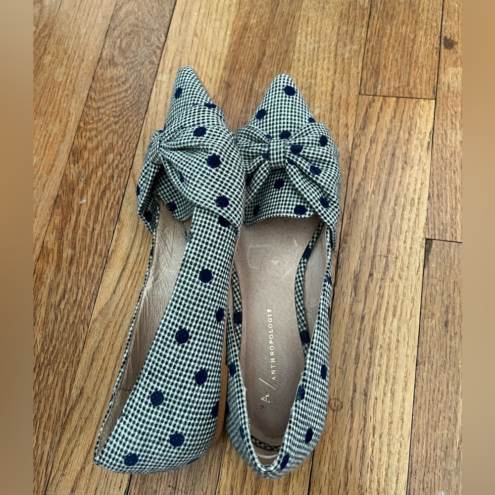 Anthropologie pointed flats. Black and white fabric with blue polka dots
